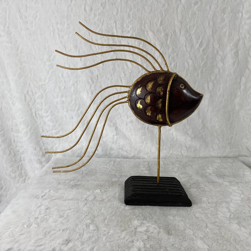 Vintage Art Deco Brass Fish Sculpture Wood Base Nautical Beach Decor